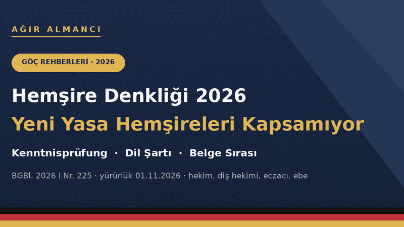 Ağır Almancı kapak görseli: Hemşire Denkliği 2026, yeni yasa hemşireleri kapsamıyor; Kenntnisprüfung, dil şartı ve belge sırası.