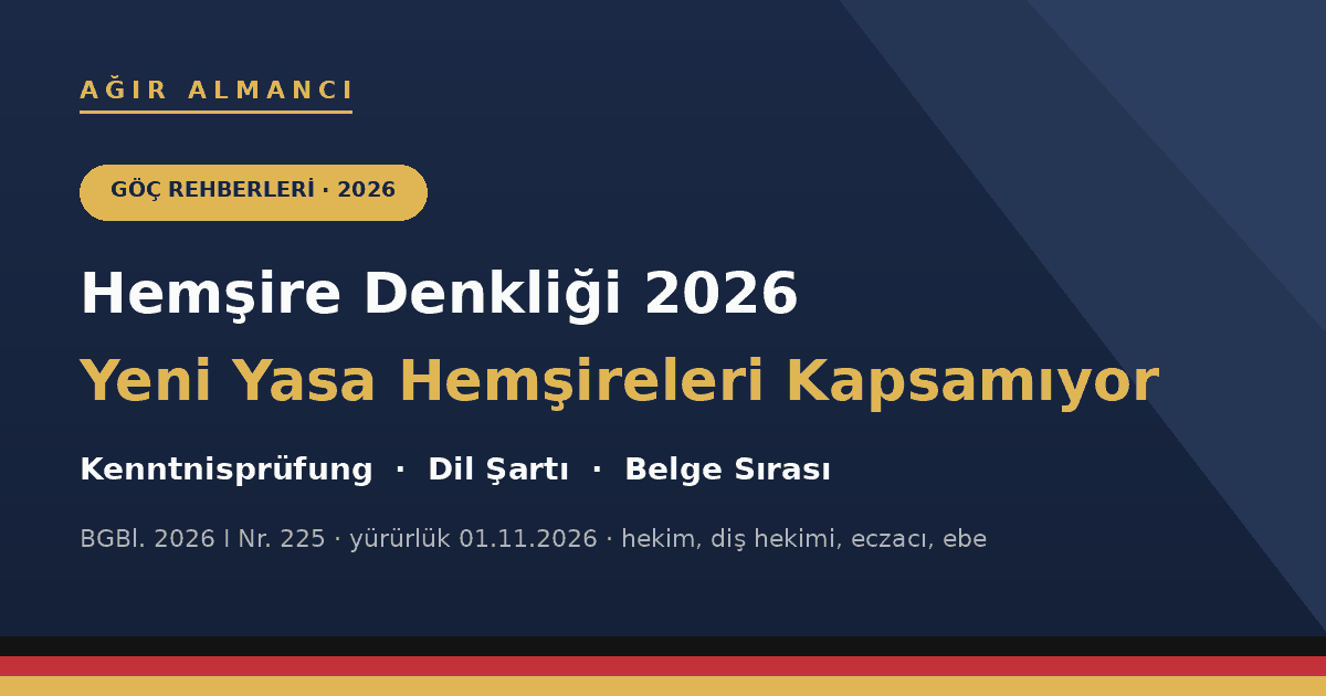Ağır Almancı kapak görseli: Hemşire Denkliği 2026, yeni yasa hemşireleri kapsamıyor; Kenntnisprüfung, dil şartı ve belge sırası.